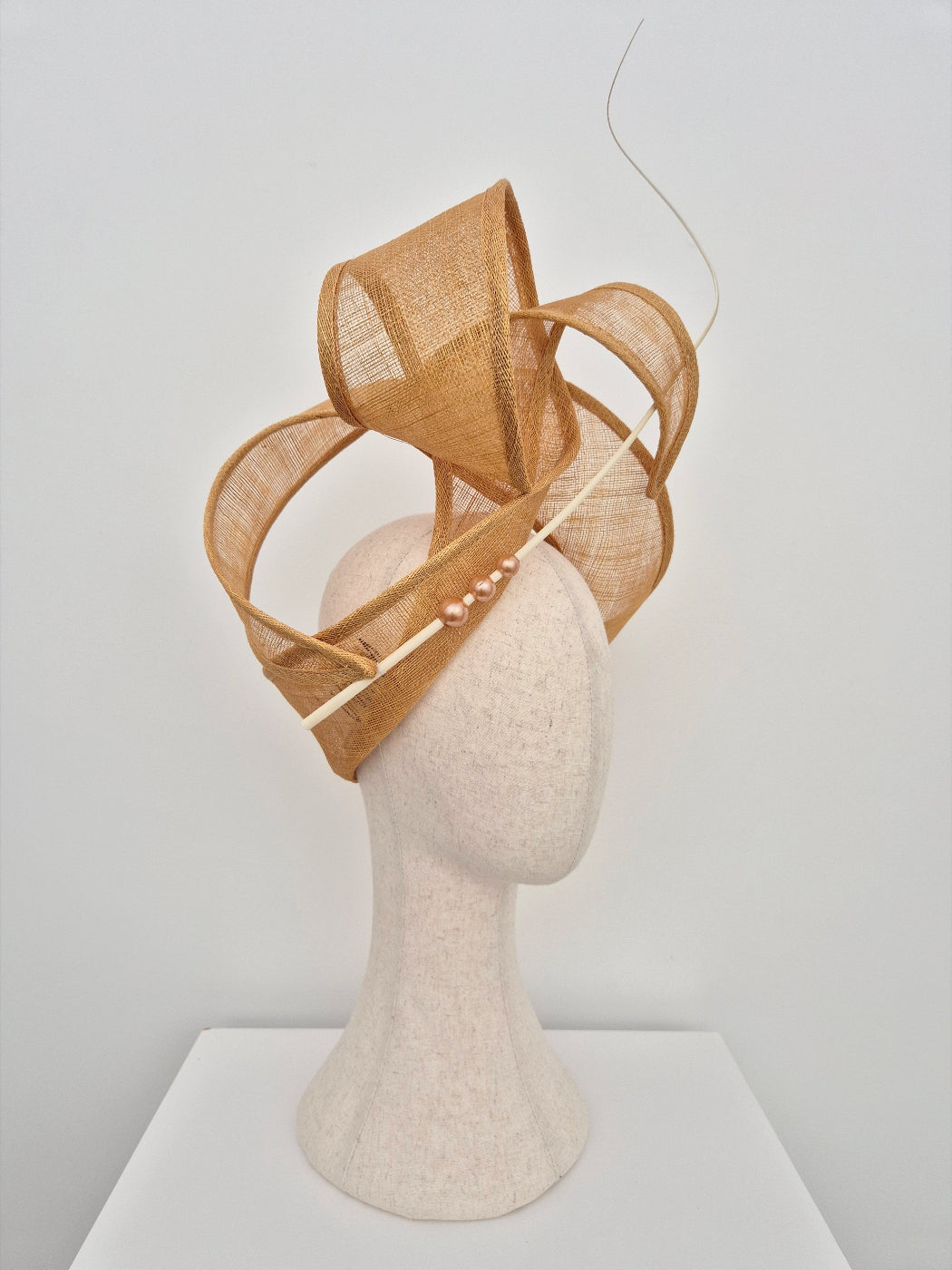sand straw free form turban style headpiece with quill