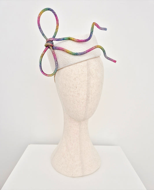 side front pillbox with rhinestone bow