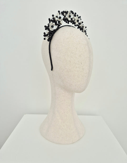 side view black and pearl headpiece