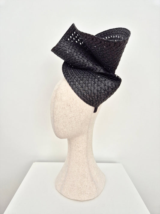 side view black straw headpiece