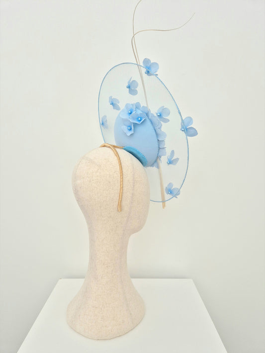 side view pale blue floral percher headpiece