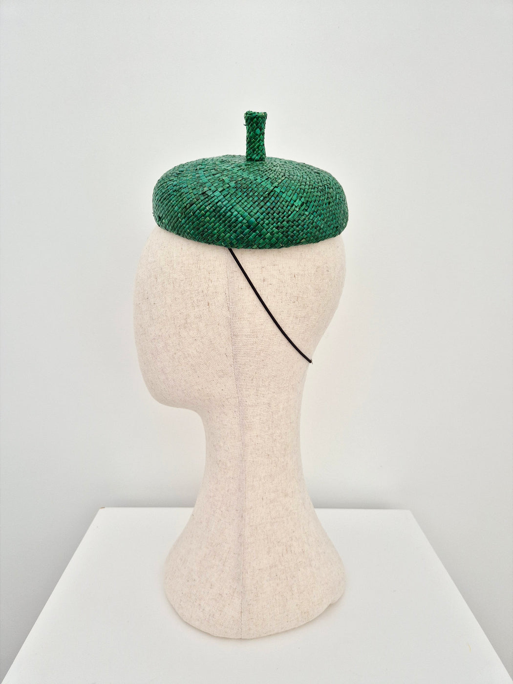 side view green vintage straw button headpiece