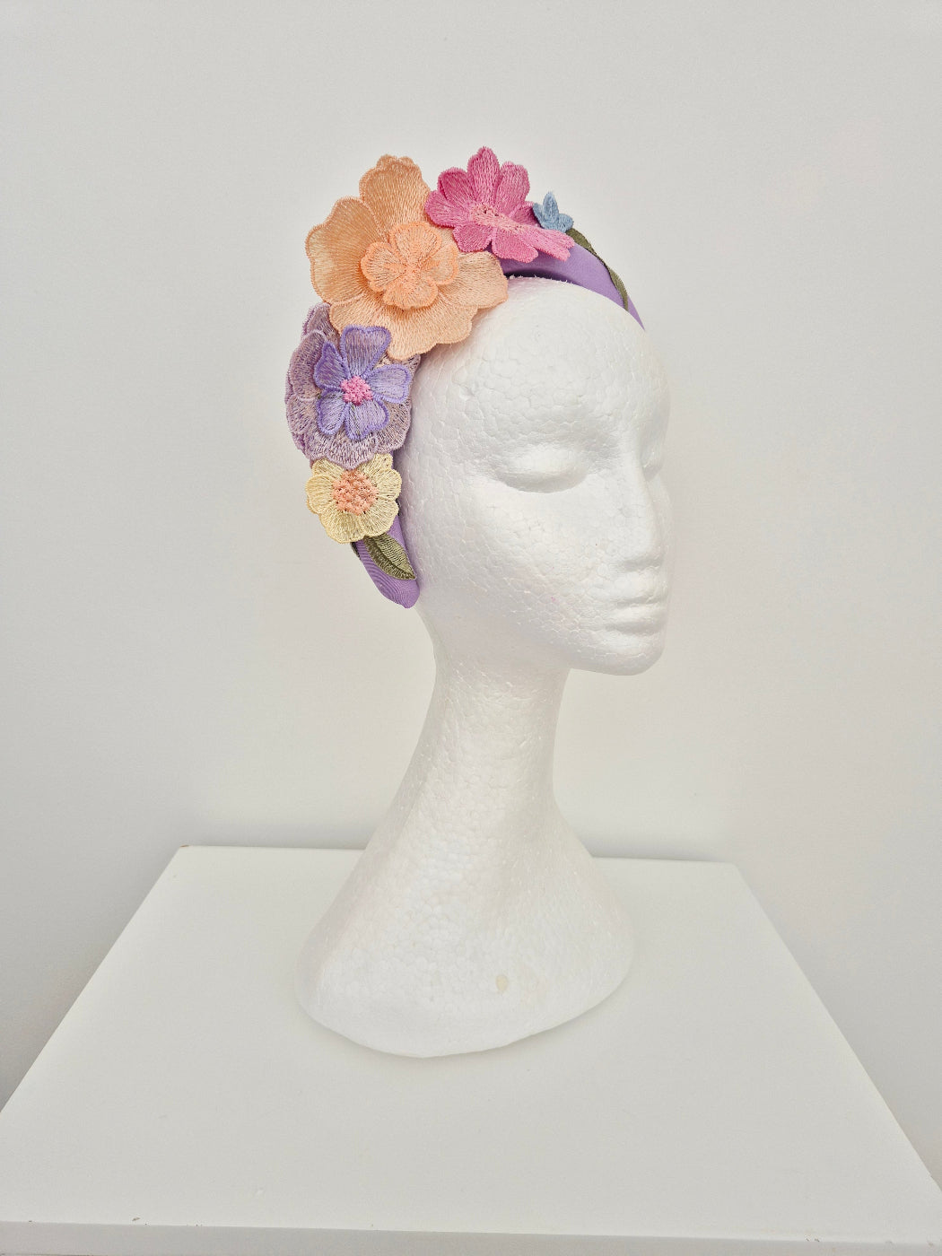 side view lilac pastel multi floral lace headband