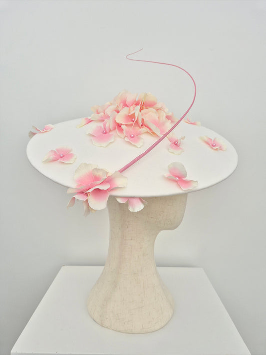 side view pink and ivory floral hat