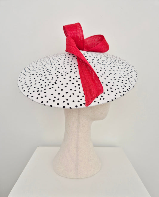 top view black and white polka dot coolie hat with red sash