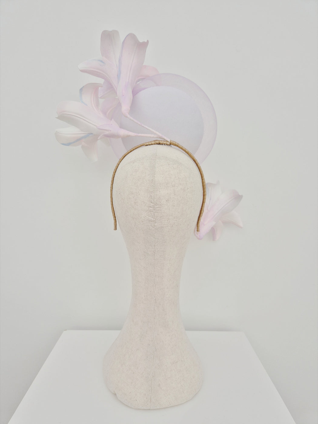 white and lilac floral percher headpiece back view