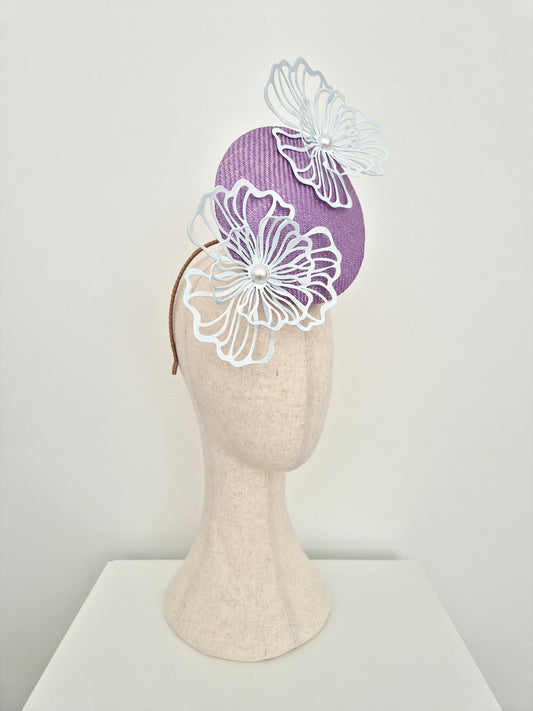 white and lilac floral percher headpiece side view