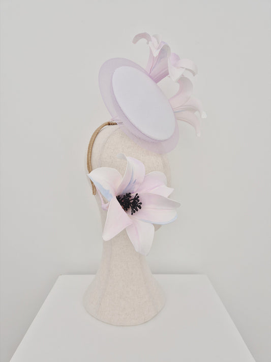 white and lilac floral percher headpiece side view
