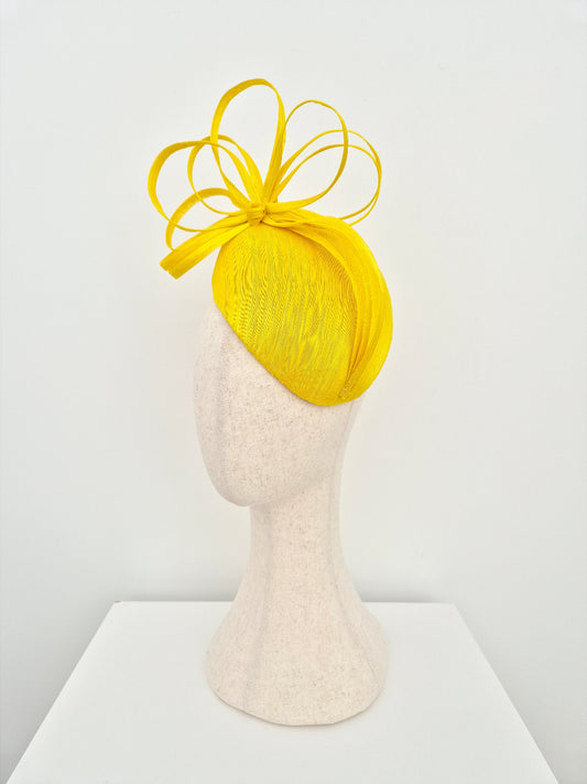 yellow silk abaca headpiece with bow side front