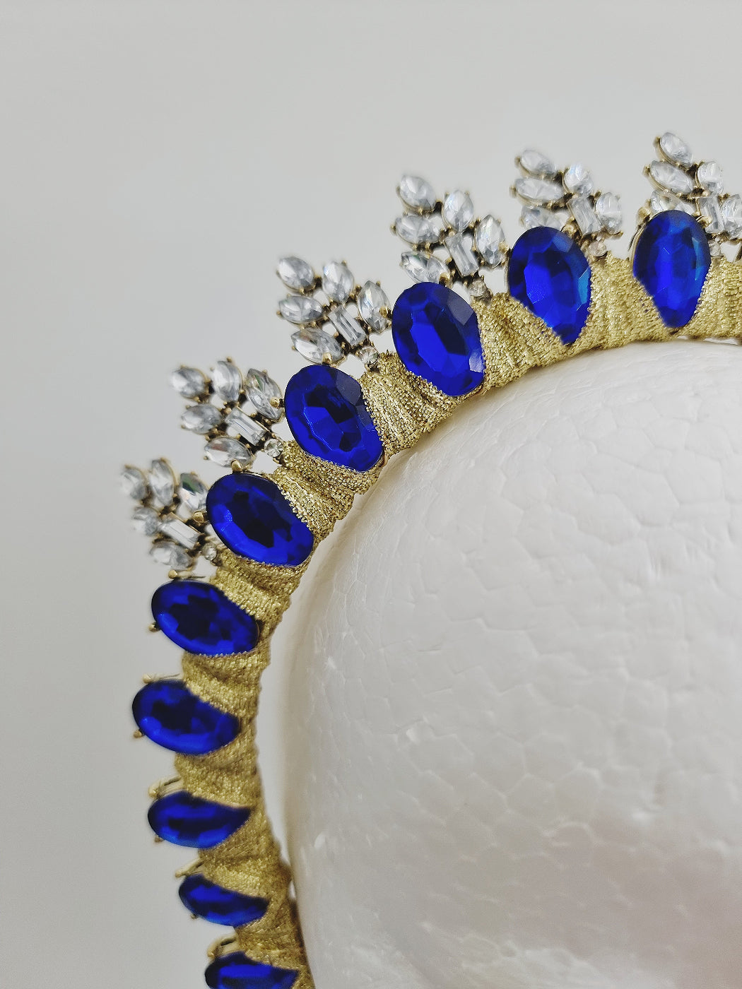 royal blue rhinestone headpiece close up