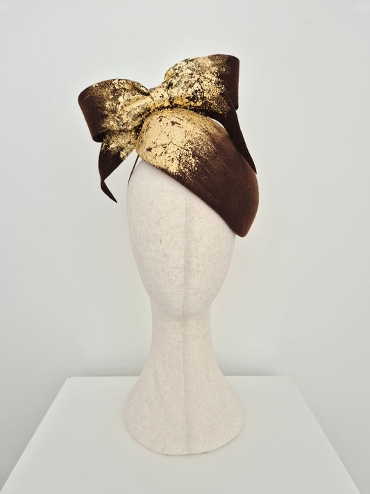 Miss Julia. Womens Chocolate brown felt headpiece with bow and gold foil detail