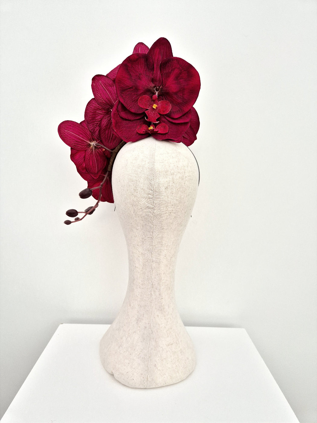 Burgundy orchid headpiece back view