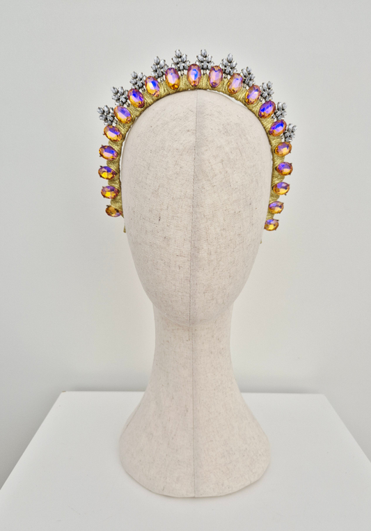 Miss Ice Maiden. Womens Iridescent Golden Yellow rhinestone crown headband