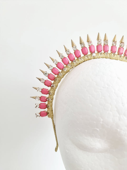 pink and gold metal rivit headband close up