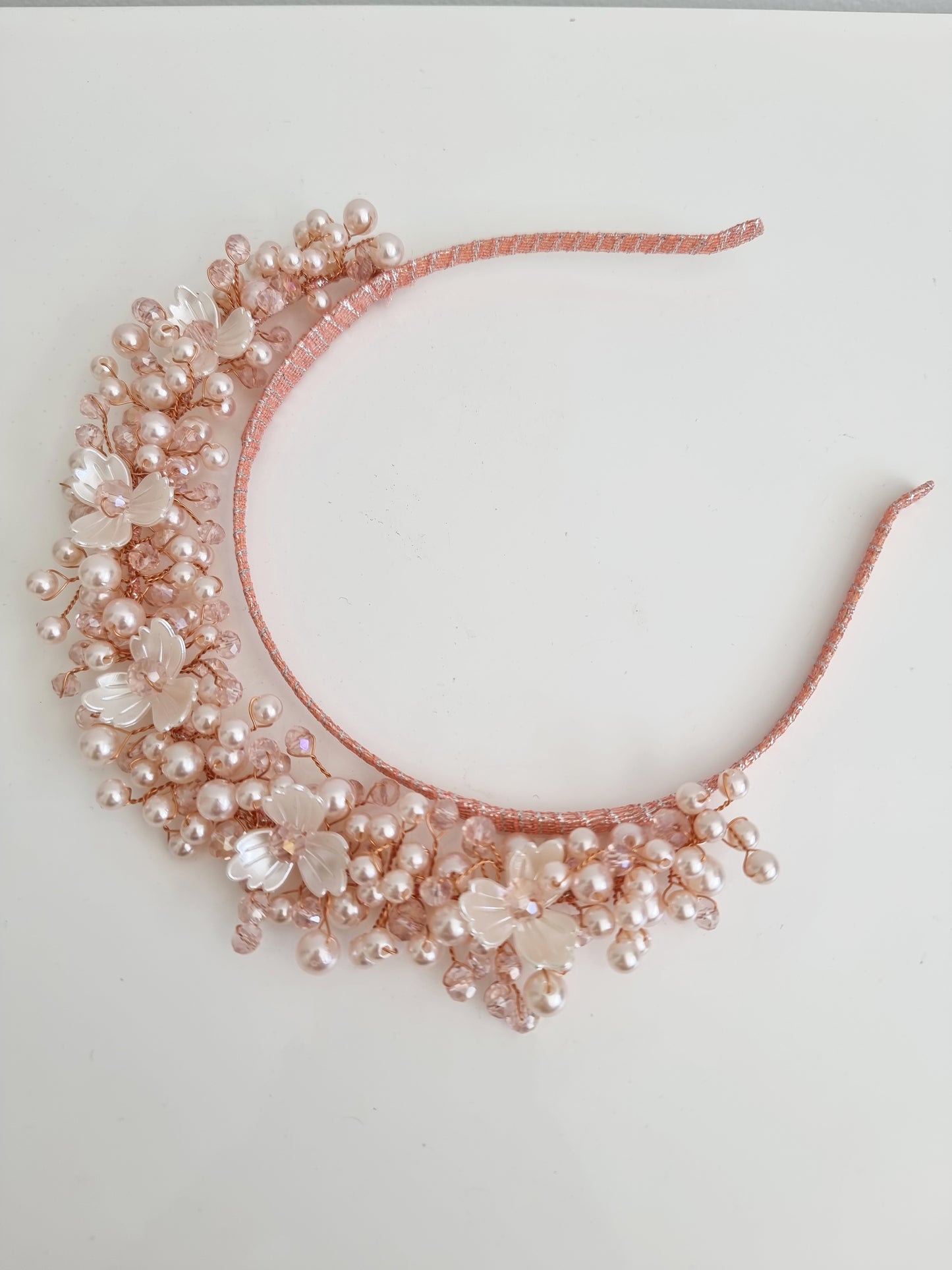 Miss Sienna. Womens pearl and crystal beaded headband in Pale Pink/ivory