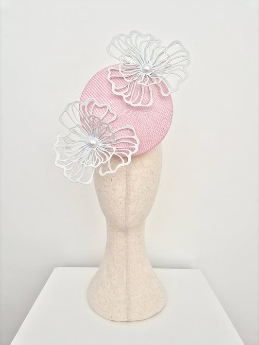Miss Peyton. Womens Pale Pink button percher headpiece with white flowers