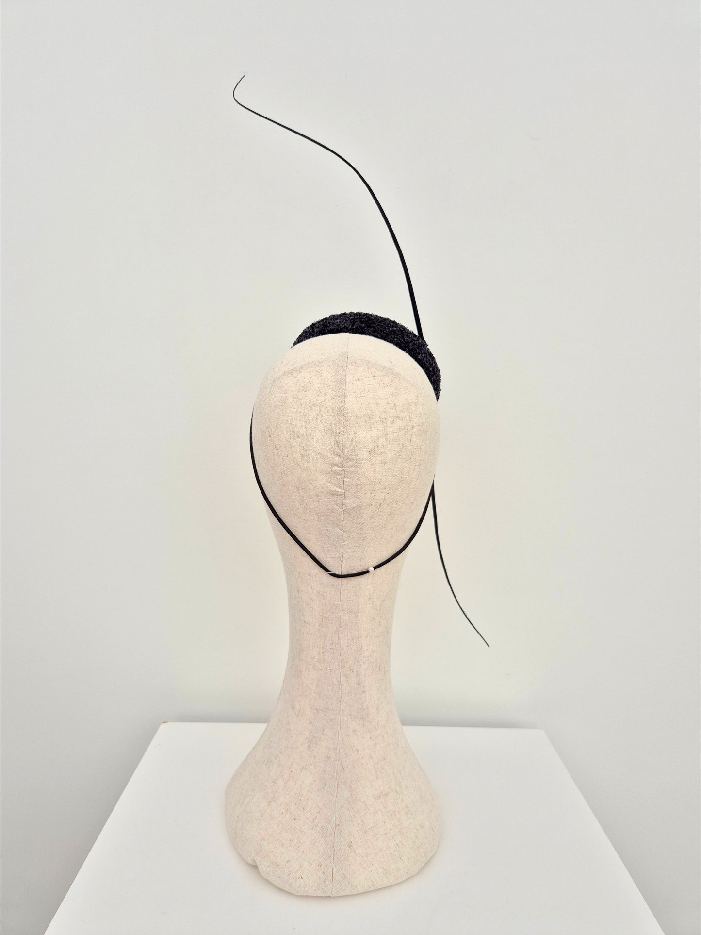 Miss On the Dot.  Womens Black leather button headpiece with quills and pearls