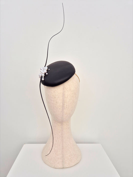 Miss On the Dot.  Womens Black leather button headpiece with quills and pearls