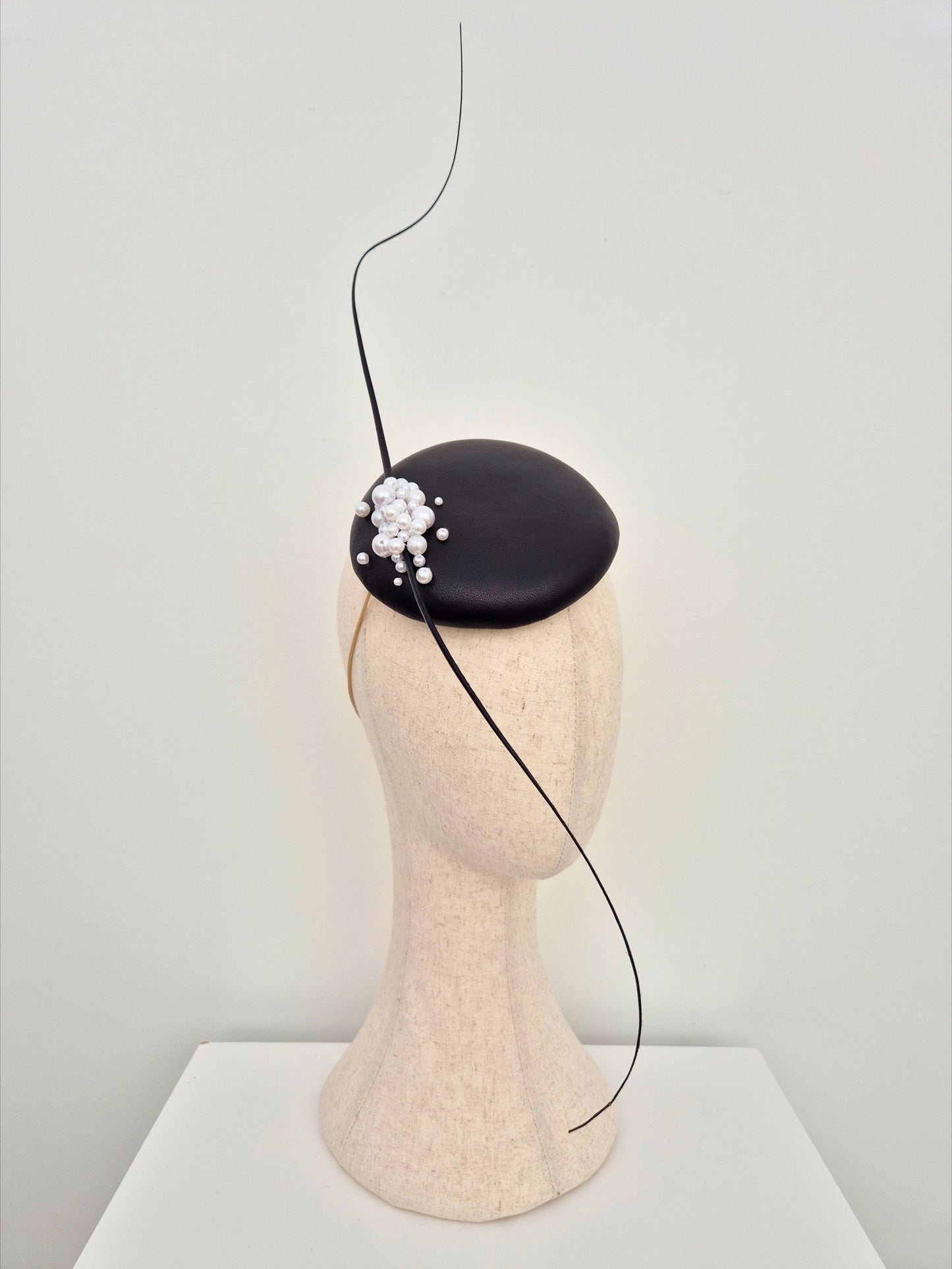 Miss On the Dot.  Womens Black leather button headpiece with quills and pearls