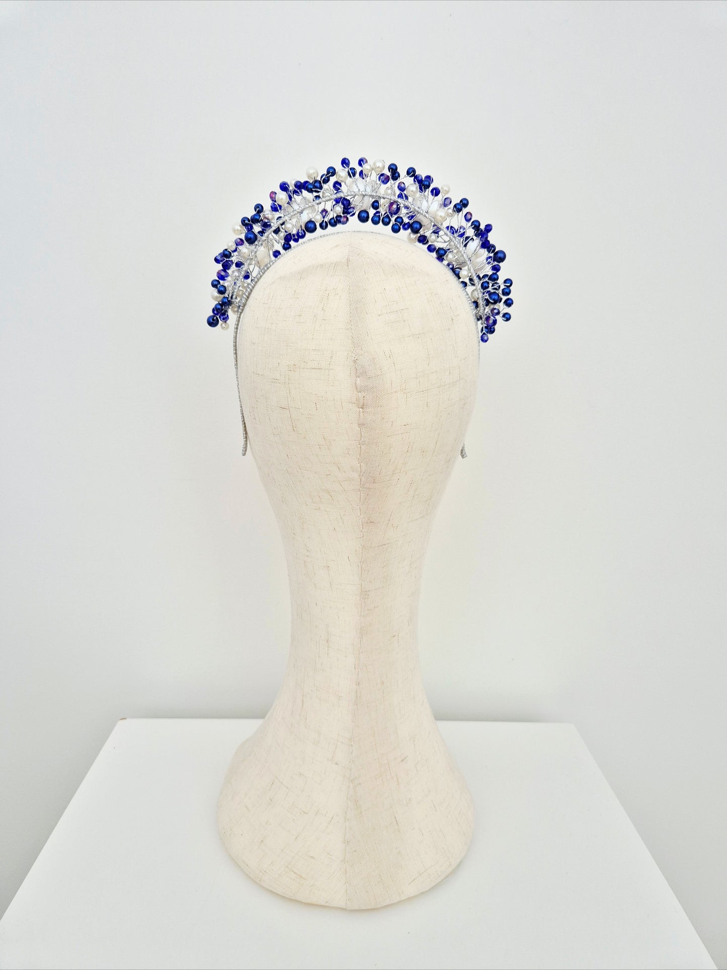 Miss Sienna. Womens pearl and crystal beaded headband in Royal blue / white