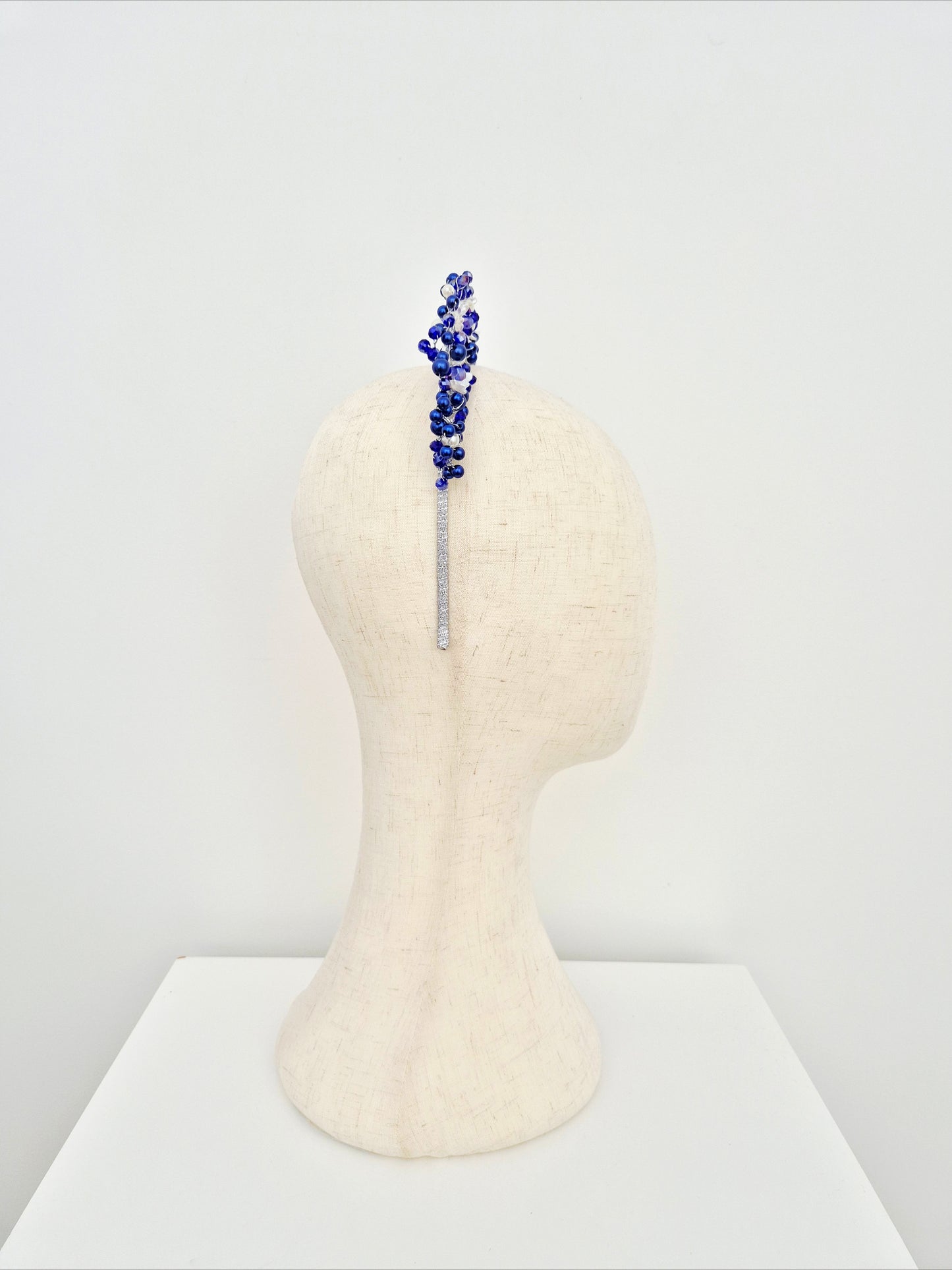 Miss Sienna. Womens pearl and crystal beaded headband in Royal blue / white