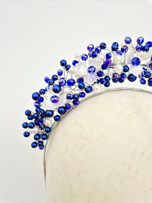 Miss Sienna. Womens pearl and crystal beaded headband in Royal blue / white