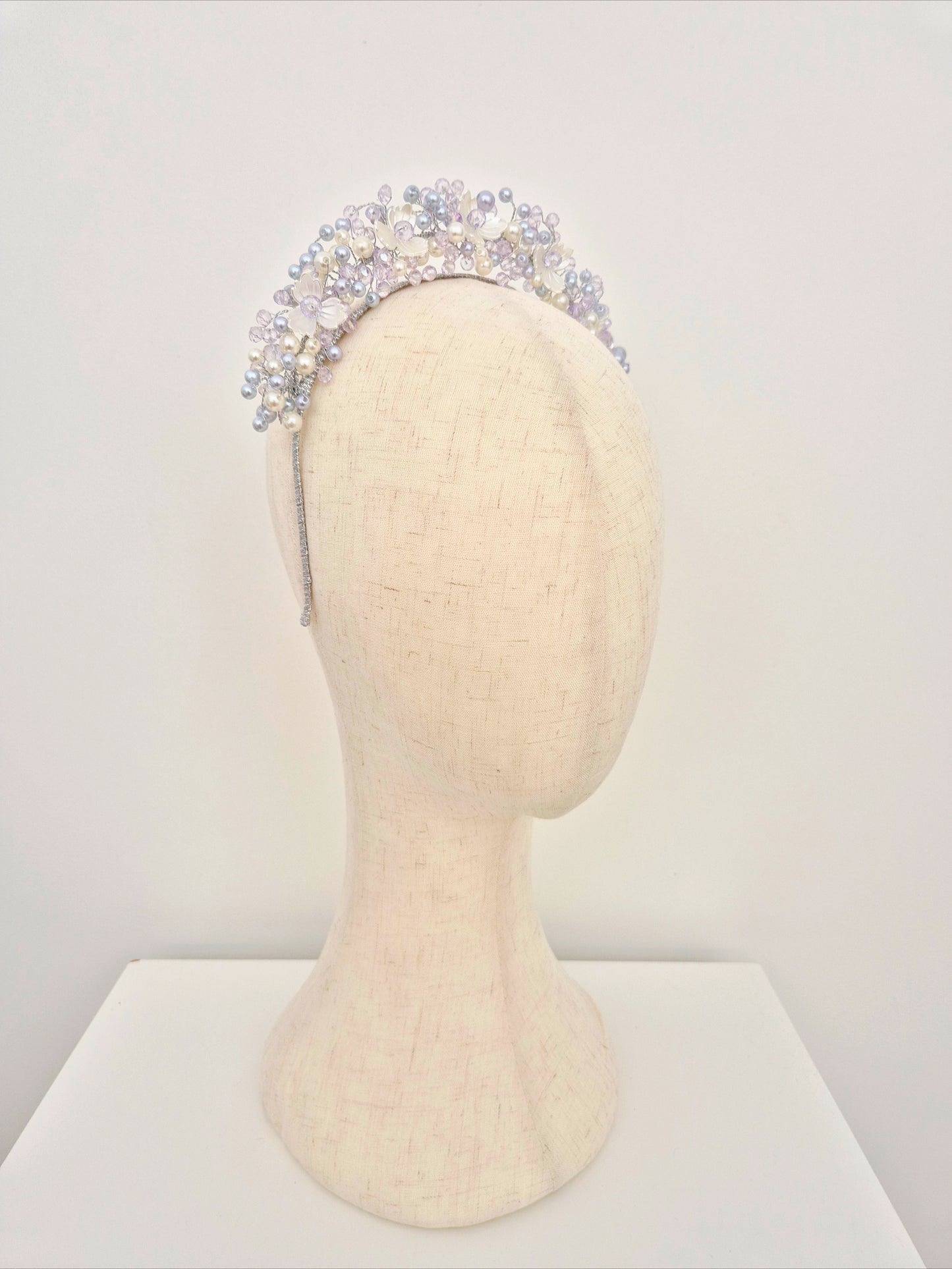 Miss Sienna. Womens pearl and crystal beaded headband in Pale Lavender / ivory