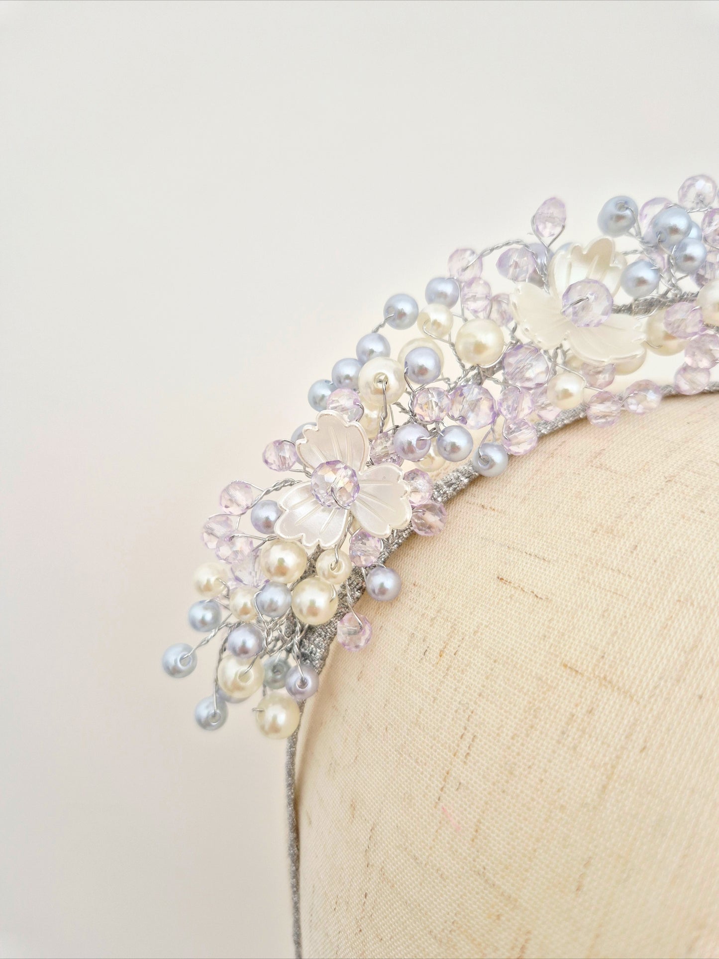 Miss Sienna. Womens pearl and crystal beaded headband in Pale Lavender / ivory