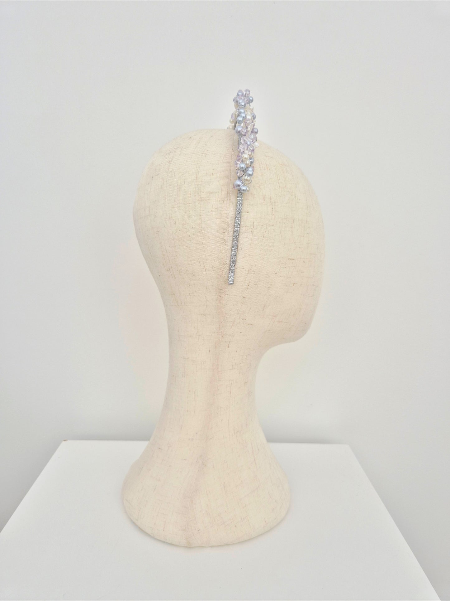 Miss Sienna. Womens pearl and crystal beaded headband in Pale Lavender / ivory