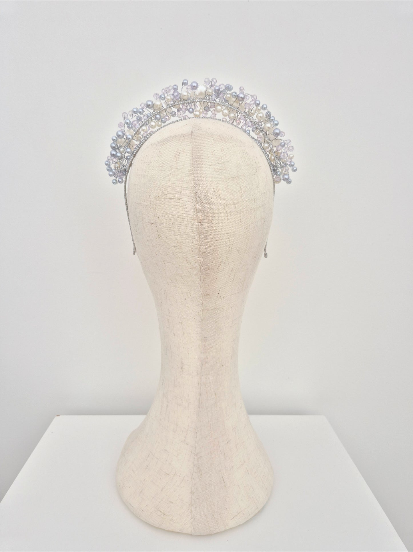 Miss Sienna. Womens pearl and crystal beaded headband in Pale Lavender / ivory
