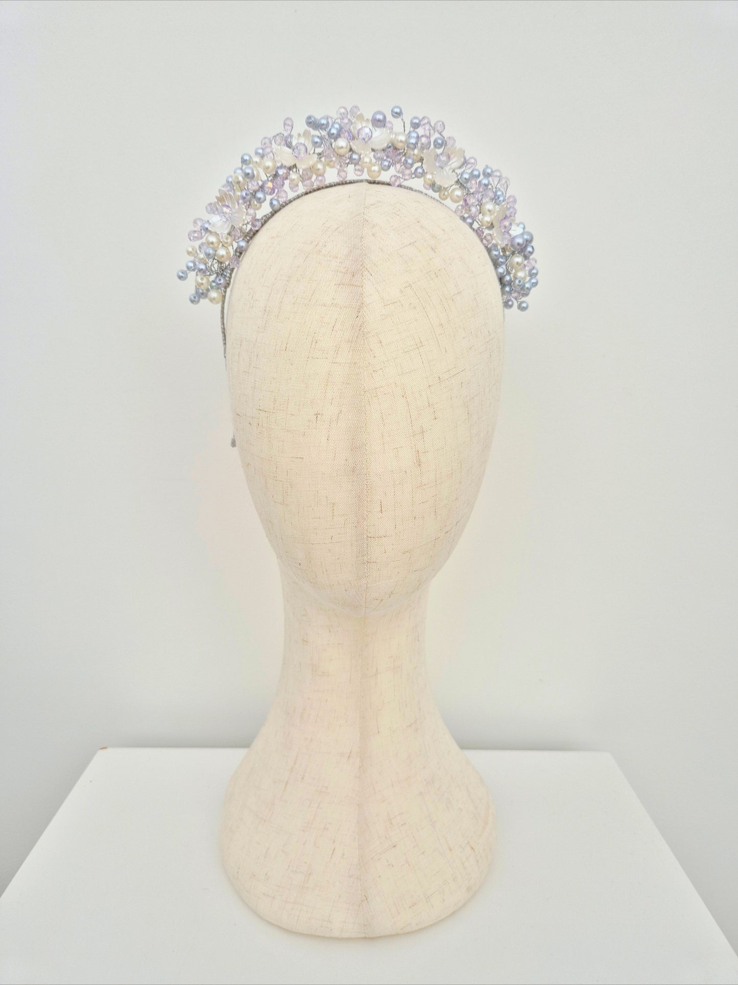 Miss Sienna. Womens pearl and crystal beaded headband in Pale Lavender / ivory