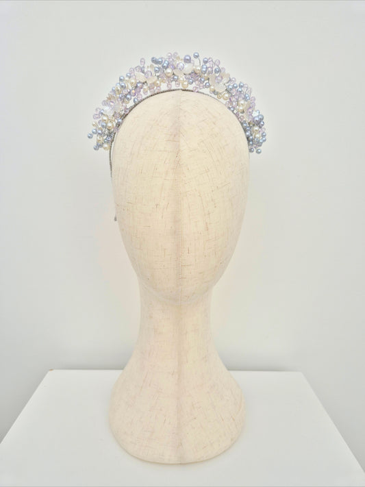 Miss Sienna. Womens pearl and crystal beaded headband in Pale Lavender / ivory