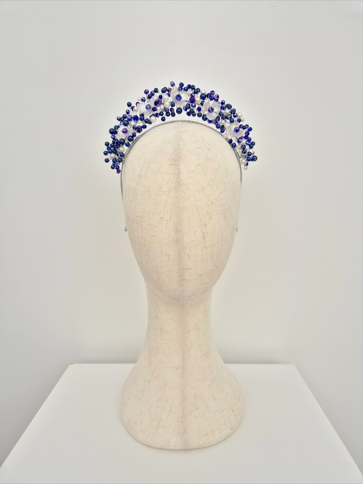 Miss Sienna. Womens pearl and crystal beaded headband in Royal blue / white