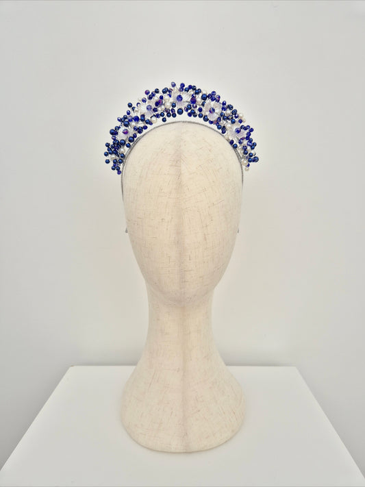 Miss Sienna. Womens pearl and crystal beaded headband in Royal blue / white