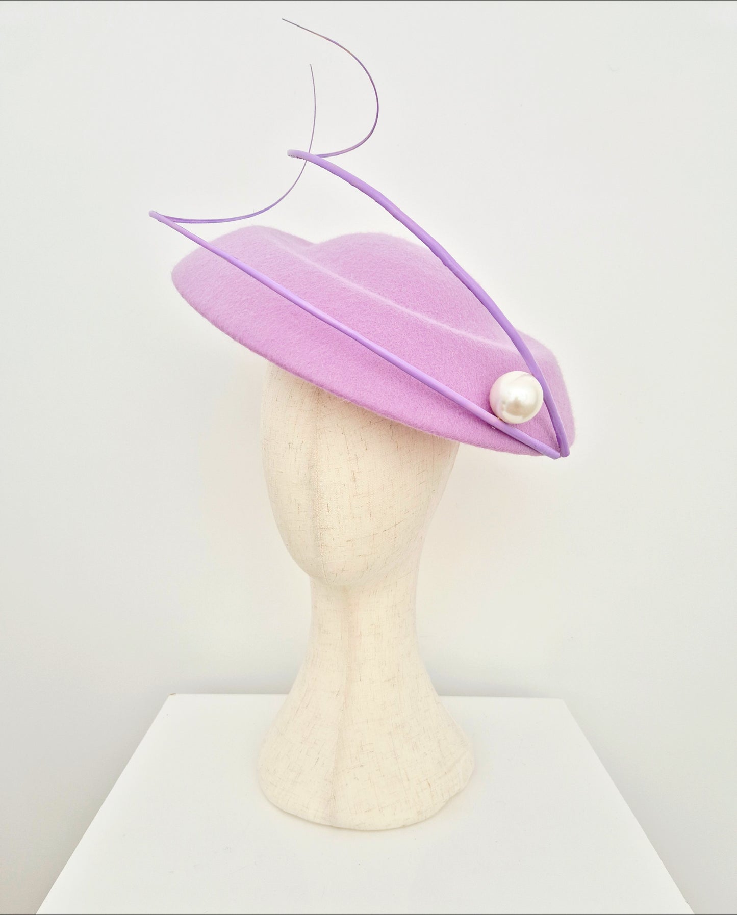 Miss Sasha. Womens Lilac wool felt hat with quills and pearl