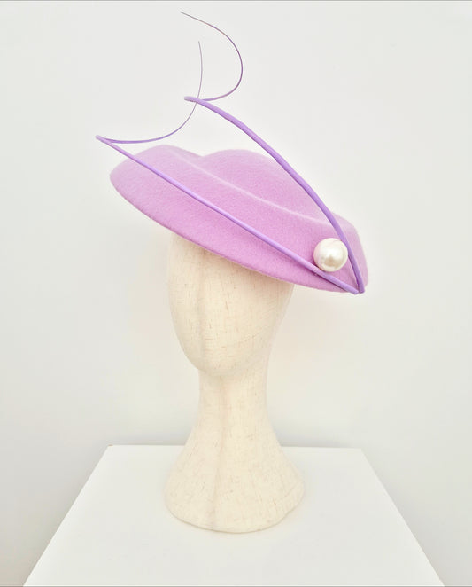 Miss Sasha. Womens Lilac wool felt hat with quills and pearl