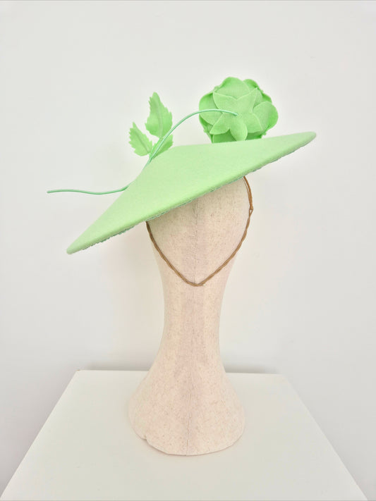 Miss Josephine. Pale mint green wool felt coolie hat with floating rose