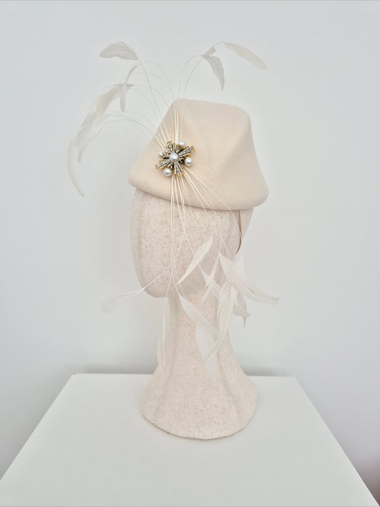 Miss Hope. Womens Ivory wool felt headpiece with feathers