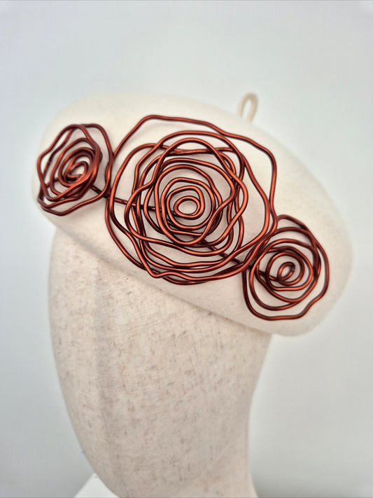 Miss Tea Rose. Womens Ivory felt bubble beret with brown wirework floral roses