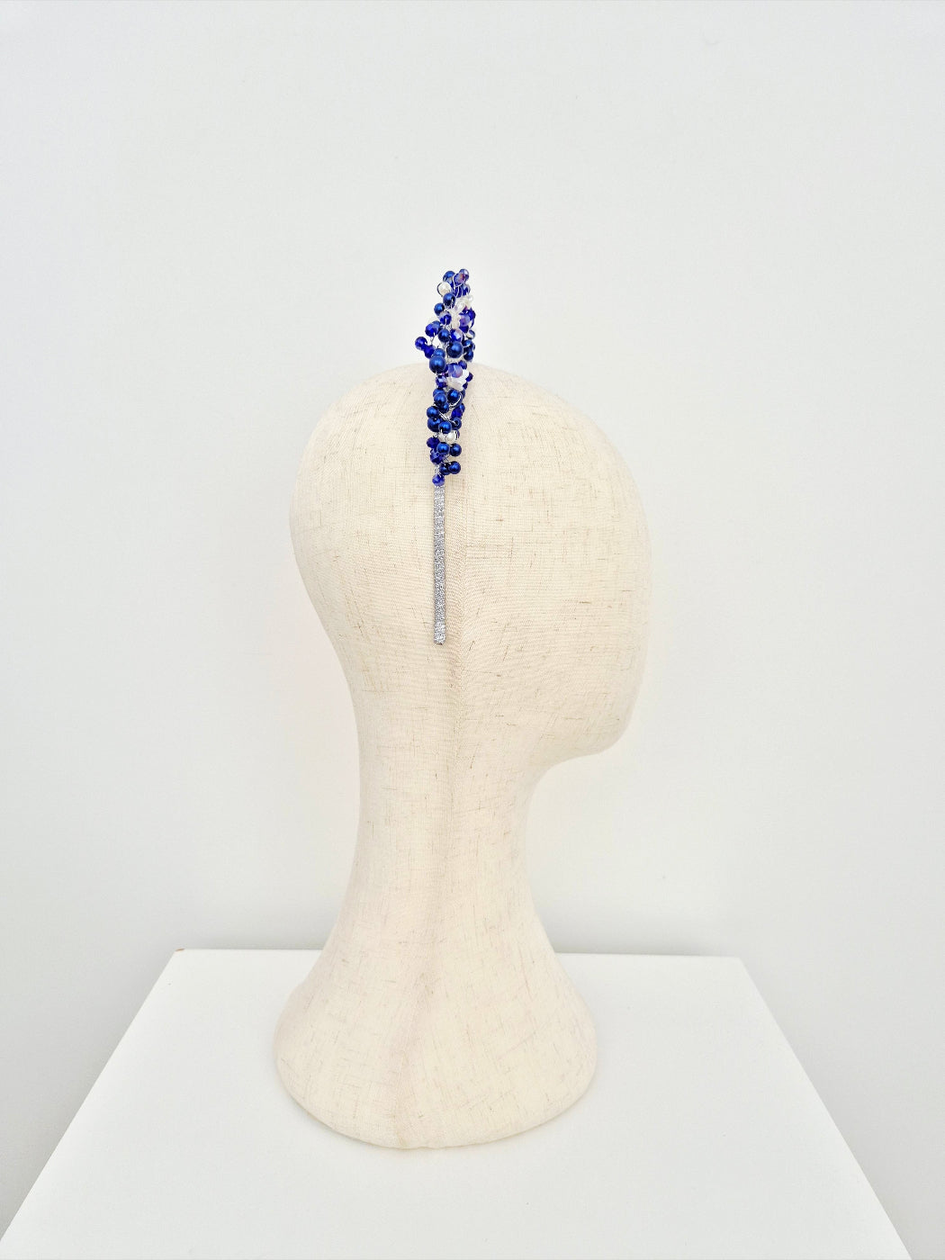 Royal blue and white pearl headband side view