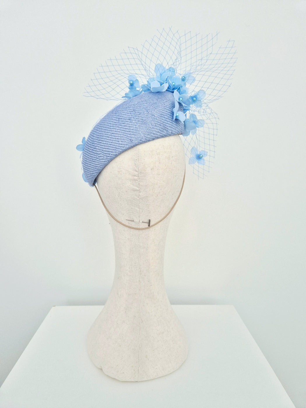 A light blue straw fascinator with a veil and light blue fabric flowers, displayed on a cream-colored mannequin head against a white background.back view