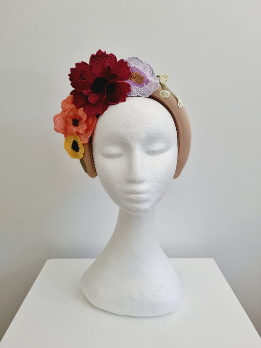 beige floral lace headband