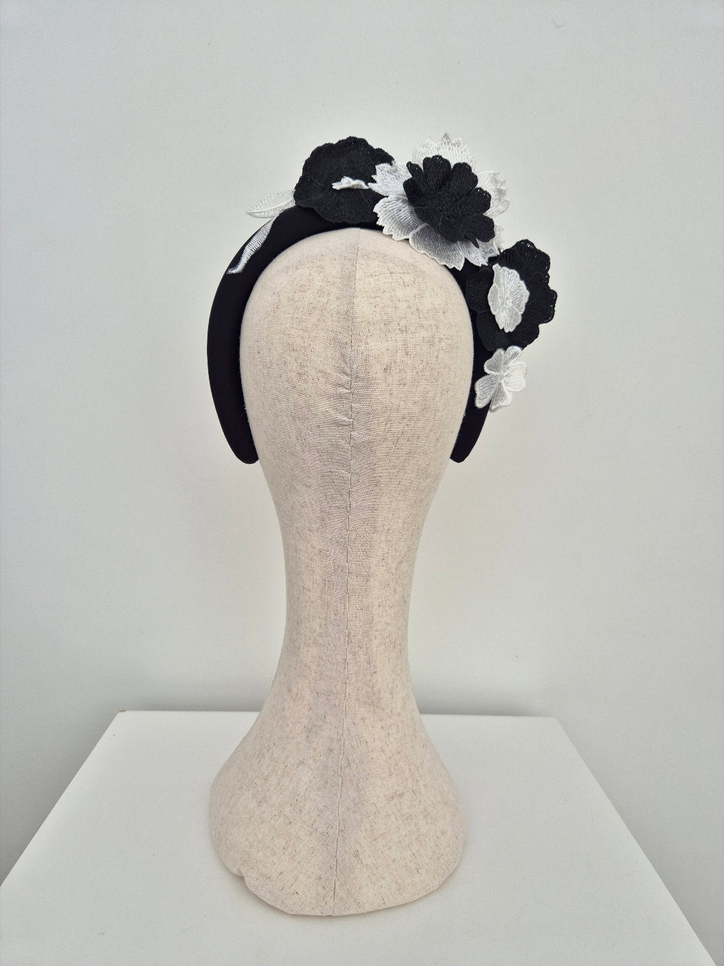 black and white floral lace headband back view