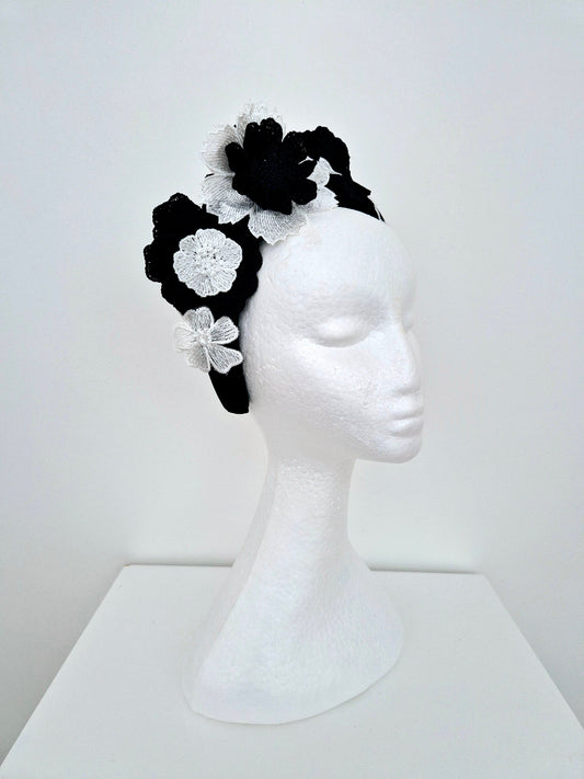 black and white floral lace headband side view