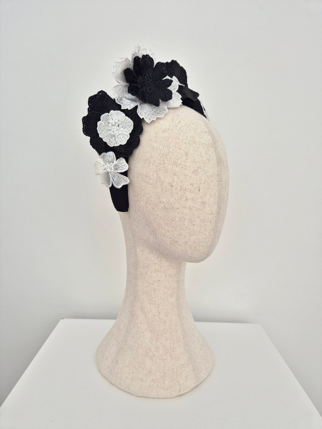 black and white floral lace headband side view