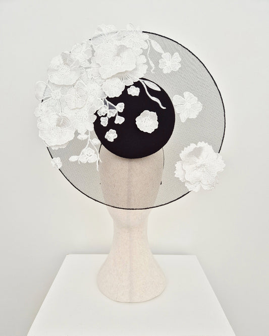 black and white floral lace percher headpiece