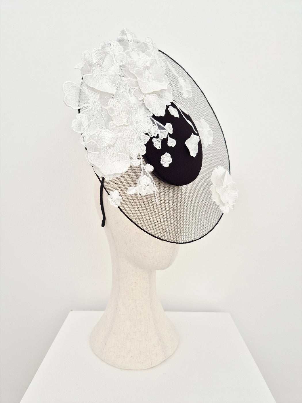 black and white floral lace percher side view