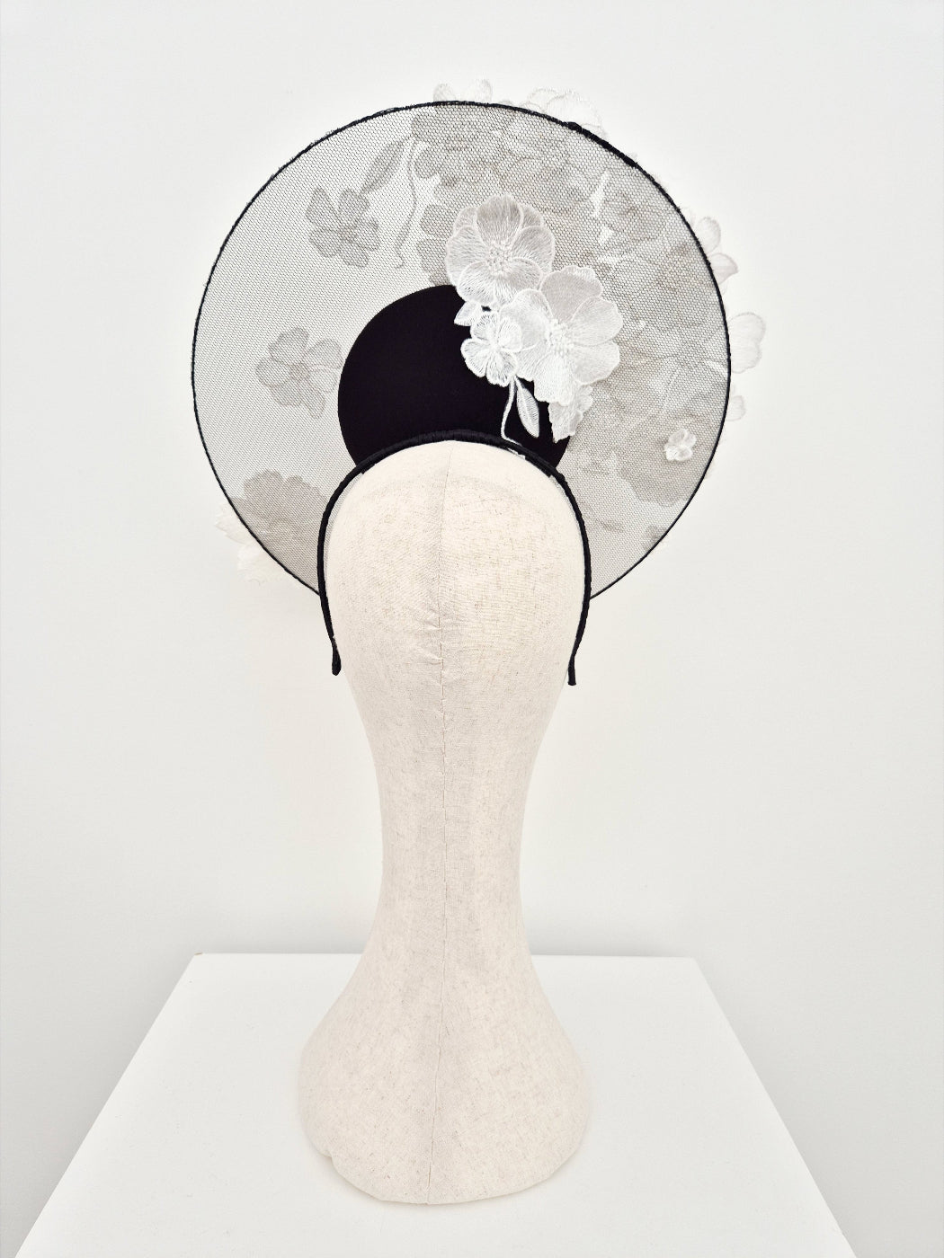 back view black and white lace percher headpiece