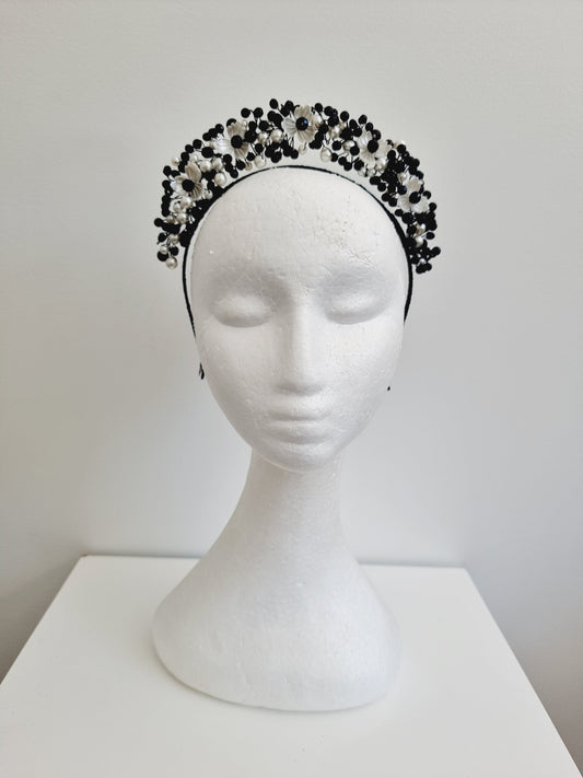 black and white pearl flower headband