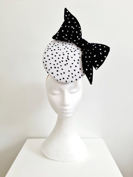 black and white percher headpiece with bow 